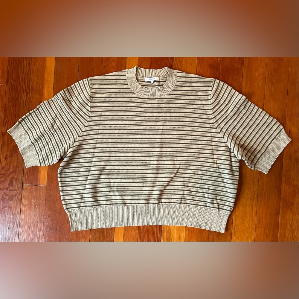 NWOT Madewell Taupe & Green Striped Knit Textural-Stitch Cotton Sweater -2X Plus